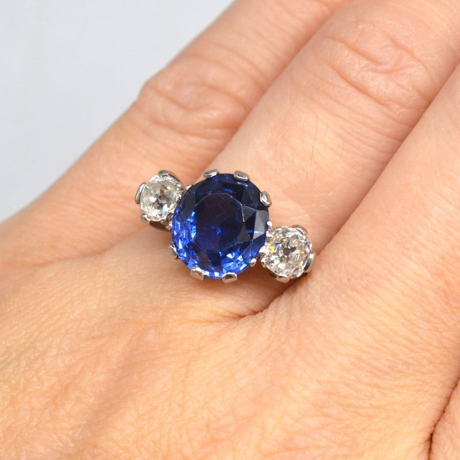 Art Deco 18ct Gold and Platinum Certificated Natural Ceylon Sapphire and Diamond Three Stone Ring | Parkin and Gerrish | Antique & Vintage Jewellery