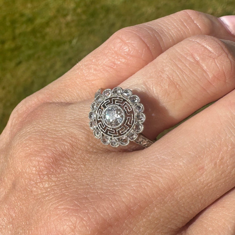 Art Deco 18ct Gold and Platinum Target Diamond Ring with Greek Key Details | Parkin and Gerrish | Antique & Vintage Jewellery