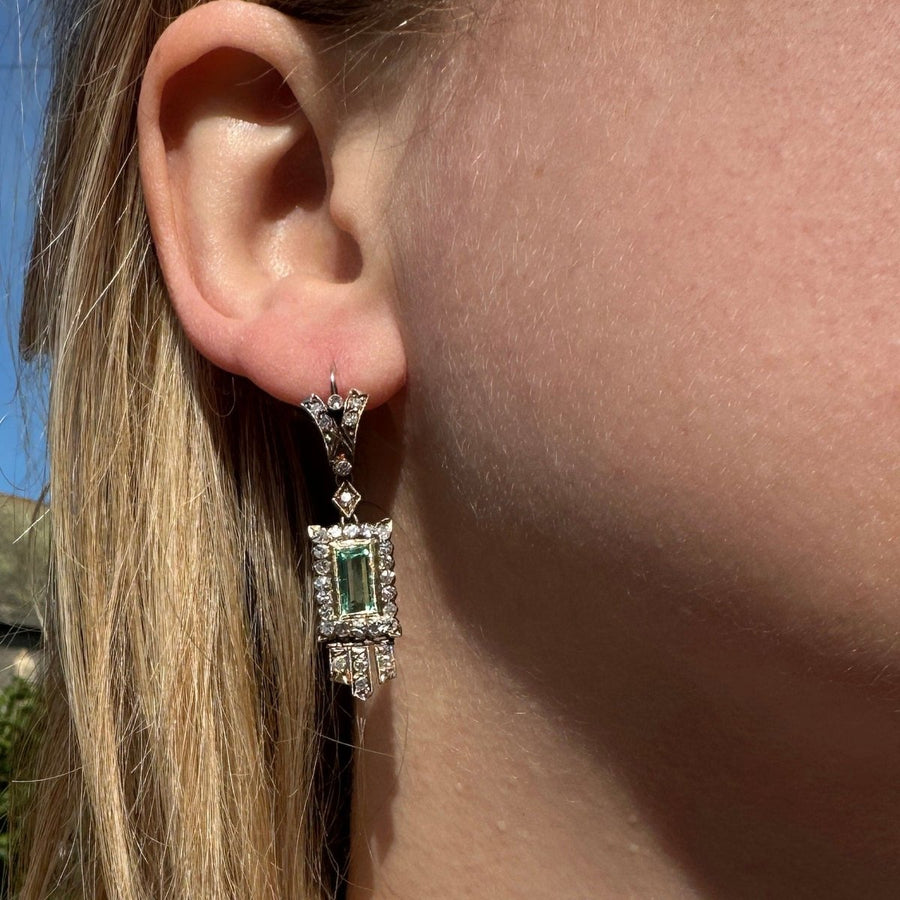 Art Deco 18ct Gold Emerald and Diamond Drop Earrings | Parkin and Gerrish | Antique & Vintage Jewellery