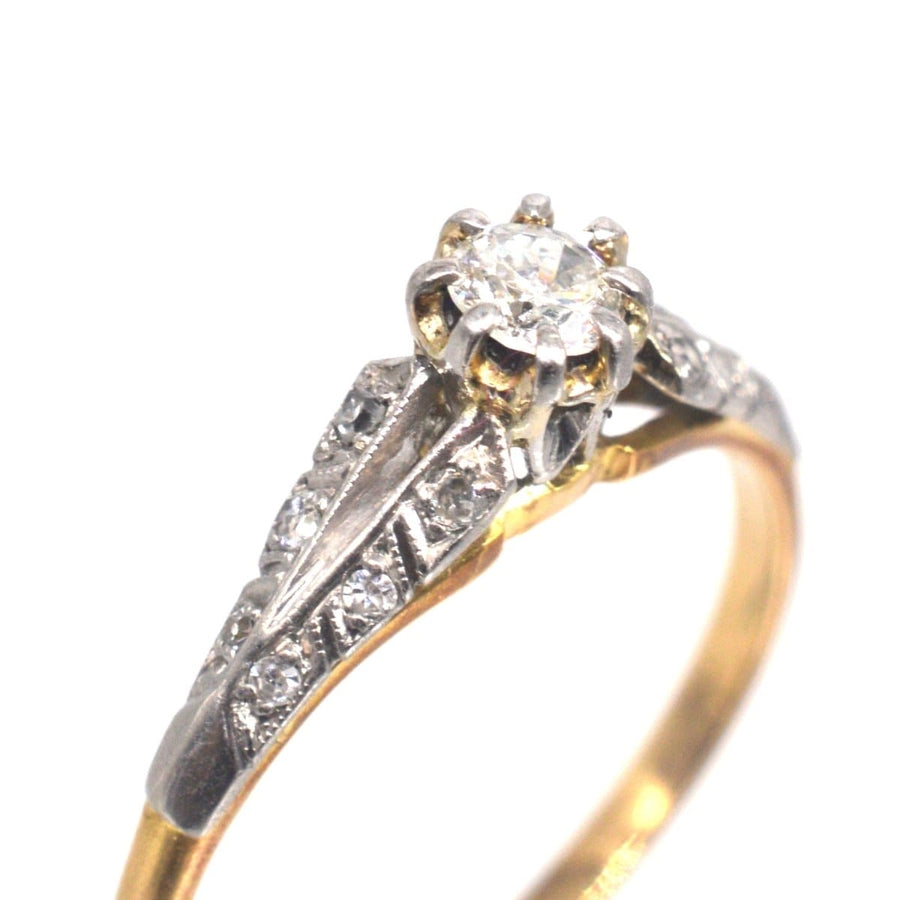Art Deco 18ct Gold & Platinum Diamond Solitaire Ring with Diamond Shoulders | Parkin and Gerrish | Antique & Vintage Jewellery
