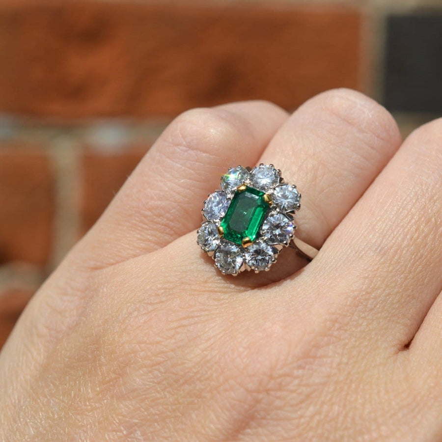 Art Deco 18ct Gold & Platinum Emerald and Diamond Cluster Ring | Parkin and Gerrish | Antique & Vintage Jewellery