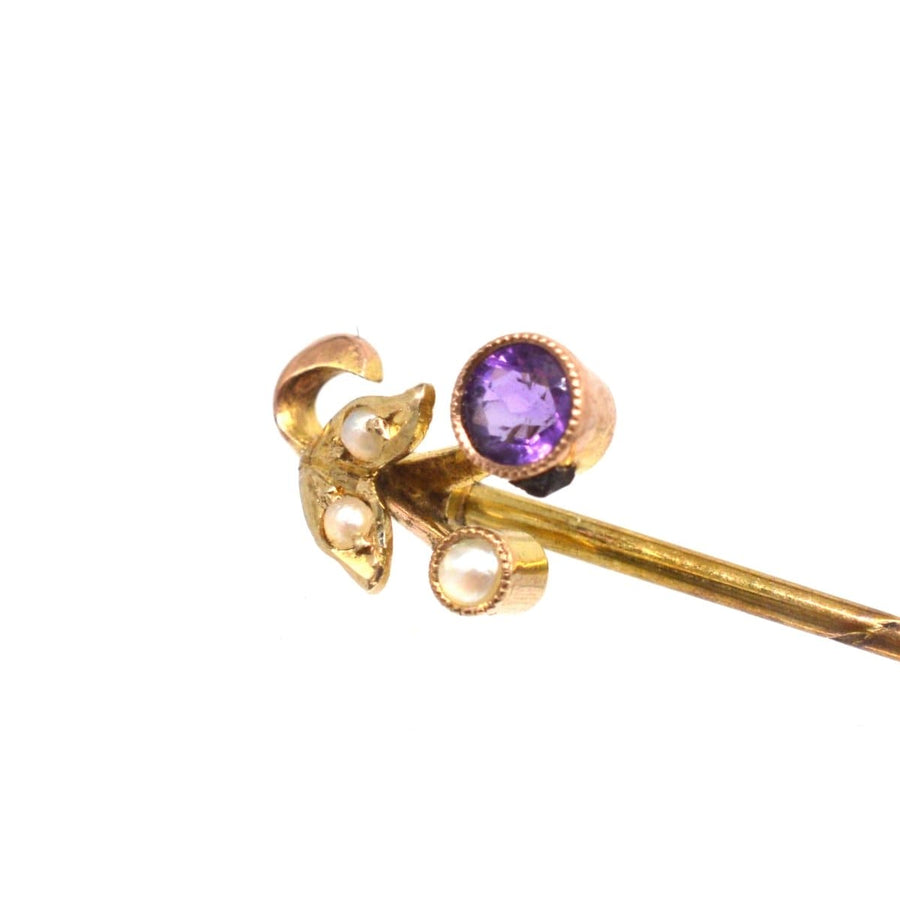Art Deco 9ct Gold Amethyst and Pearl Tie Pin | Parkin and Gerrish | Antique & Vintage Jewellery