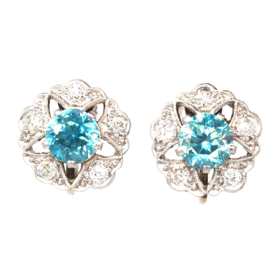 Art Deco 9ct White Gold Blue Zircon and Diamond Cluster Earrings | Parkin and Gerrish | Antique & Vintage Jewellery