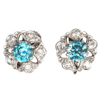Art Deco 9ct White Gold Blue Zircon and Diamond Cluster Earrings | Parkin and Gerrish (UK)