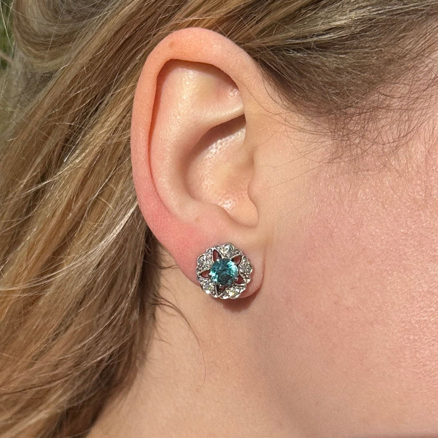 Art Deco 9ct White Gold Blue Zircon and Diamond Cluster Earrings | Parkin and Gerrish | Antique & Vintage Jewellery