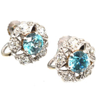 Art Deco 9ct White Gold Blue Zircon and Diamond Cluster Earrings | Parkin and Gerrish (UK)