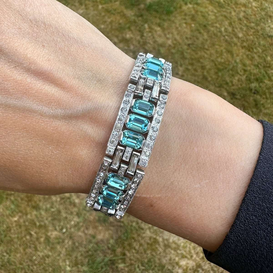 Art Deco Chrome White and Aquamarine Paste Bracelet | Parkin and Gerrish | Antique & Vintage Jewellery
