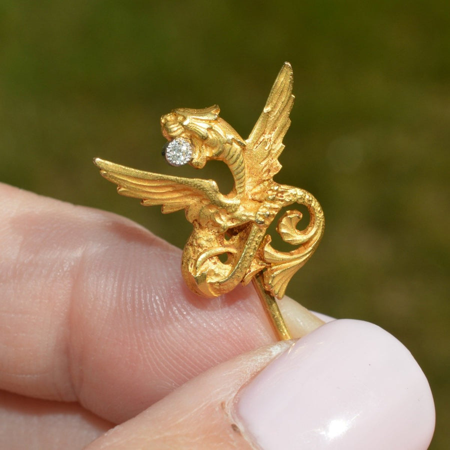Art Nouveau 18ct Gold Griffin with a Diamond in his mouth | Parkin and Gerrish (UK)