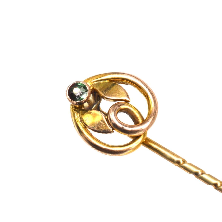 Art Nouveau 9ct Green Garnet Topped Doublet Tie Pin with Leaves | Parkin and Gerrish | Antique & Vintage Jewellery