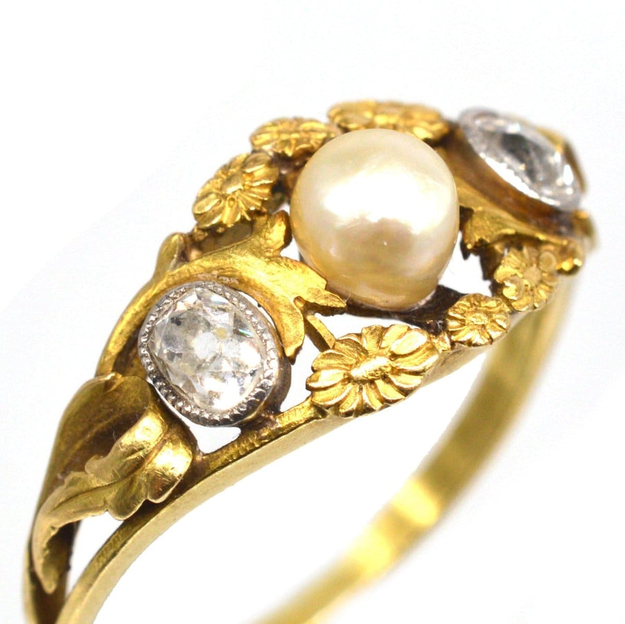 Art Nouveau French 18ct Gold Natural Pearl and Old Mine Cut Diamond Ring | Parkin and Gerrish | Antique & Vintage Jewellery