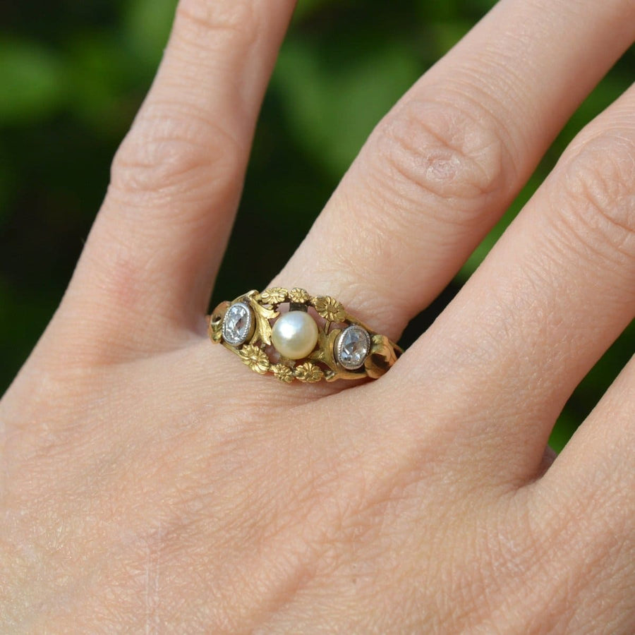 Art Nouveau French 18ct Gold Natural Pearl and Old Mine Cut Diamond Ring | Parkin and Gerrish | Antique & Vintage Jewellery