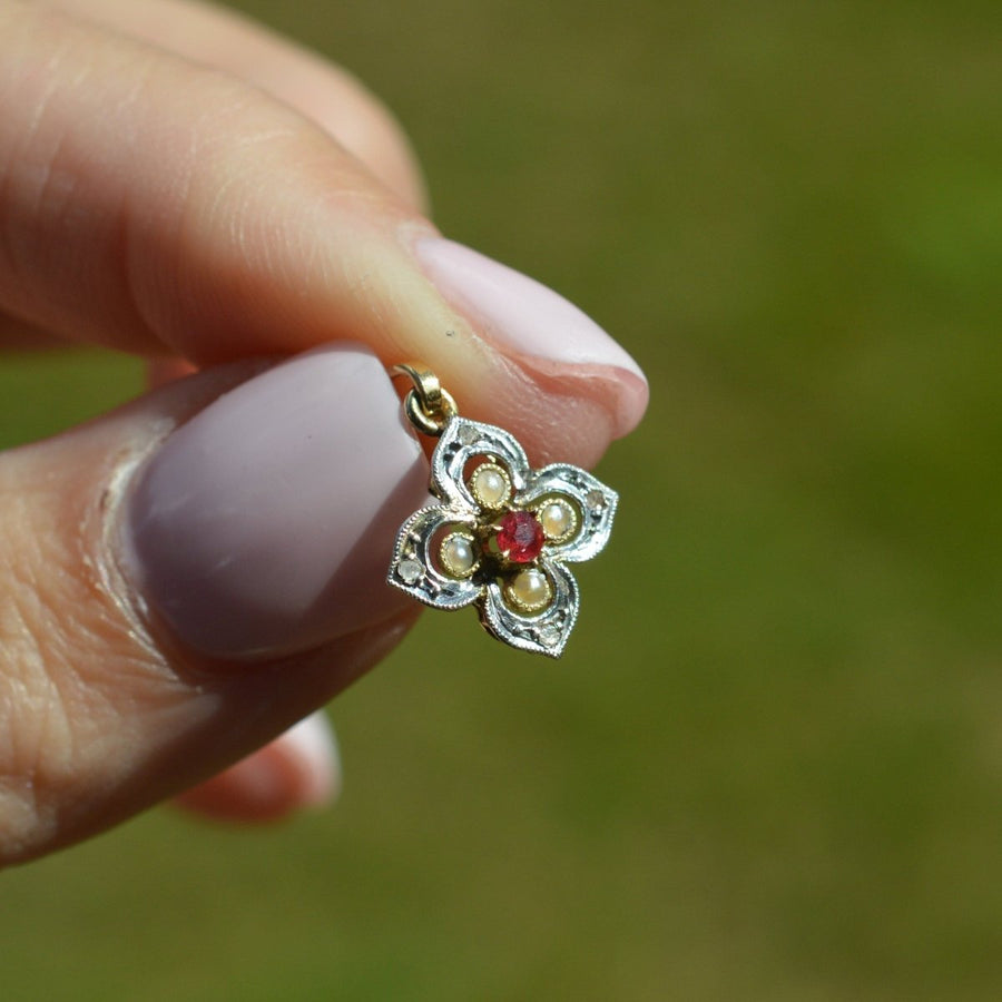 Early 20th Century Diamond, Pearl and Ruby Quatrefoil Pendant | Parkin and Gerrish (UK)