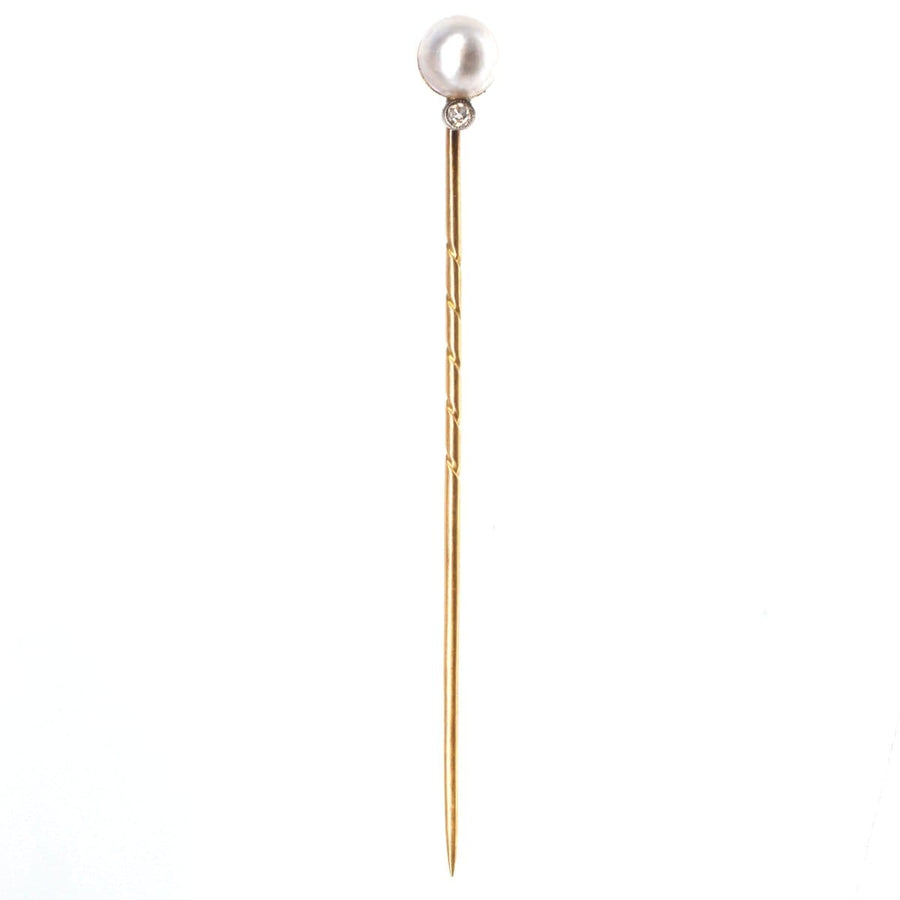 Edwardian 14ct Gold Natural Pearl and Diamond Tie Pin | Parkin and Gerrish | Antique & Vintage Jewellery