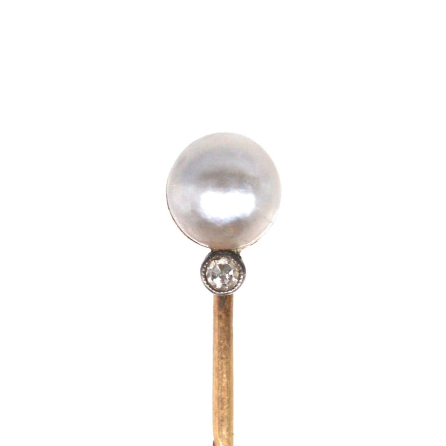 Edwardian 14ct Gold Natural Pearl and Diamond Tie Pin | Parkin and Gerrish | Antique & Vintage Jewellery