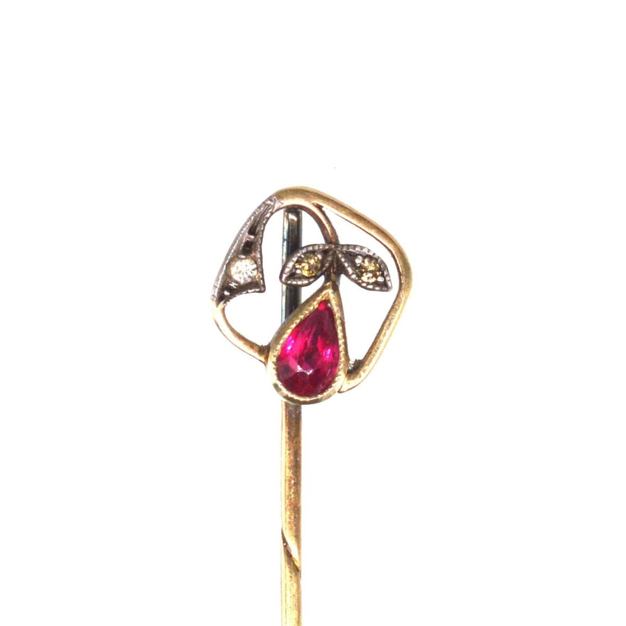 Edwardian 14ct Gold Synthetic Red Spinel and Diamond Tie Pin | Parkin and Gerrish | Antique & Vintage Jewellery