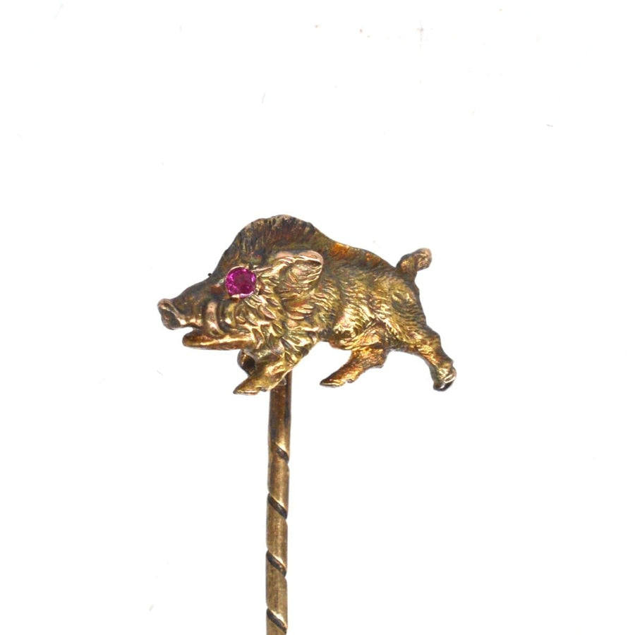 Edwardian 14ct Gold Wild Boar (Hog) Tie Pin with Ruby Eyes | Parkin and Gerrish | Antique & Vintage Jewellery