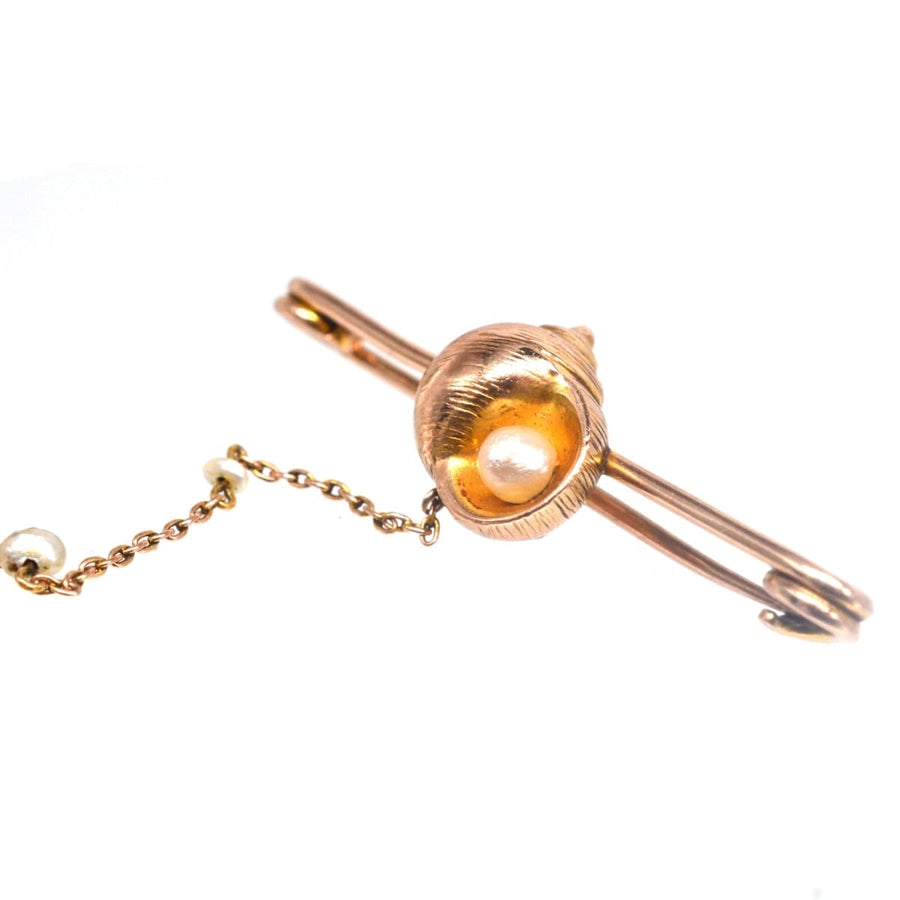 Edwardian 15ct Gold Bar Brooch with a Sea Shell and a Pearl | Parkin and Gerrish | Antique & Vintage Jewellery