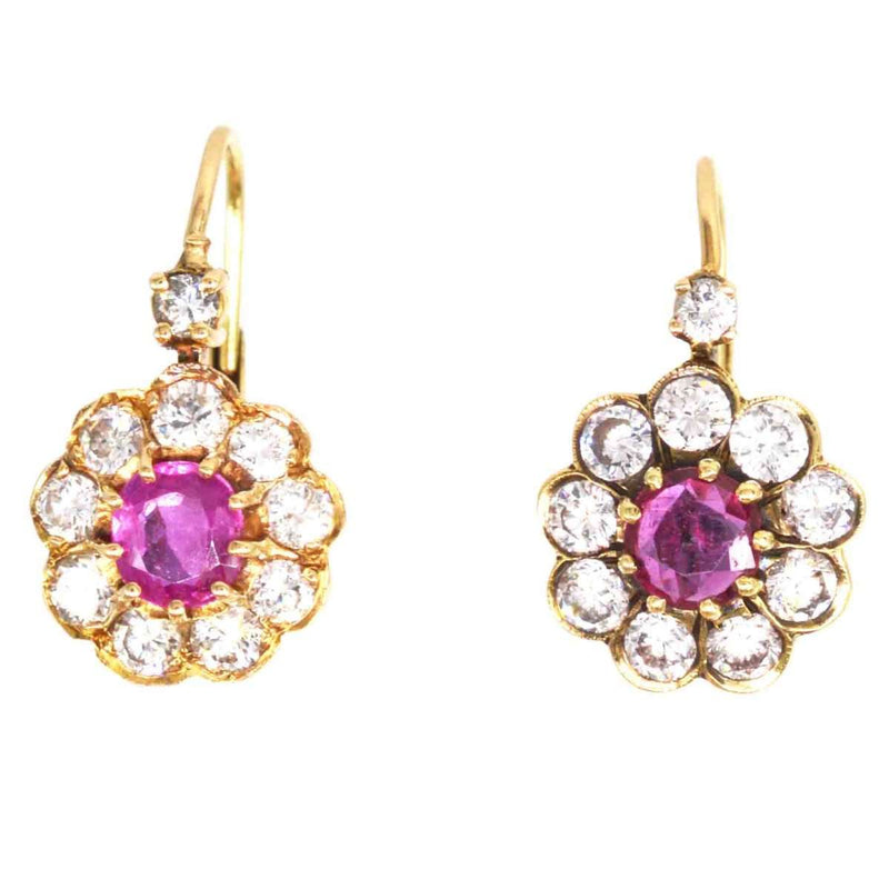 Edwardian 15ct Gold Diamond and Ruby Cluster Earrings