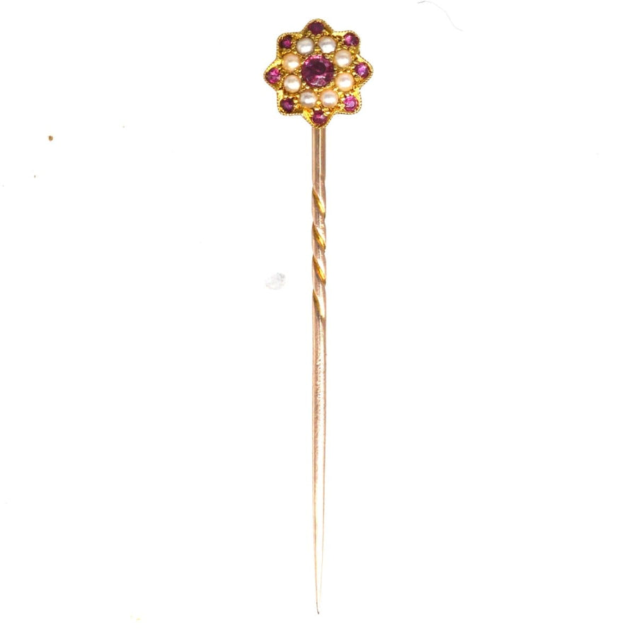 Edwardian 15ct Gold, Garnet and Seed Pearl Cluster Tie Pin | Parkin and Gerrish | Antique & Vintage Jewellery