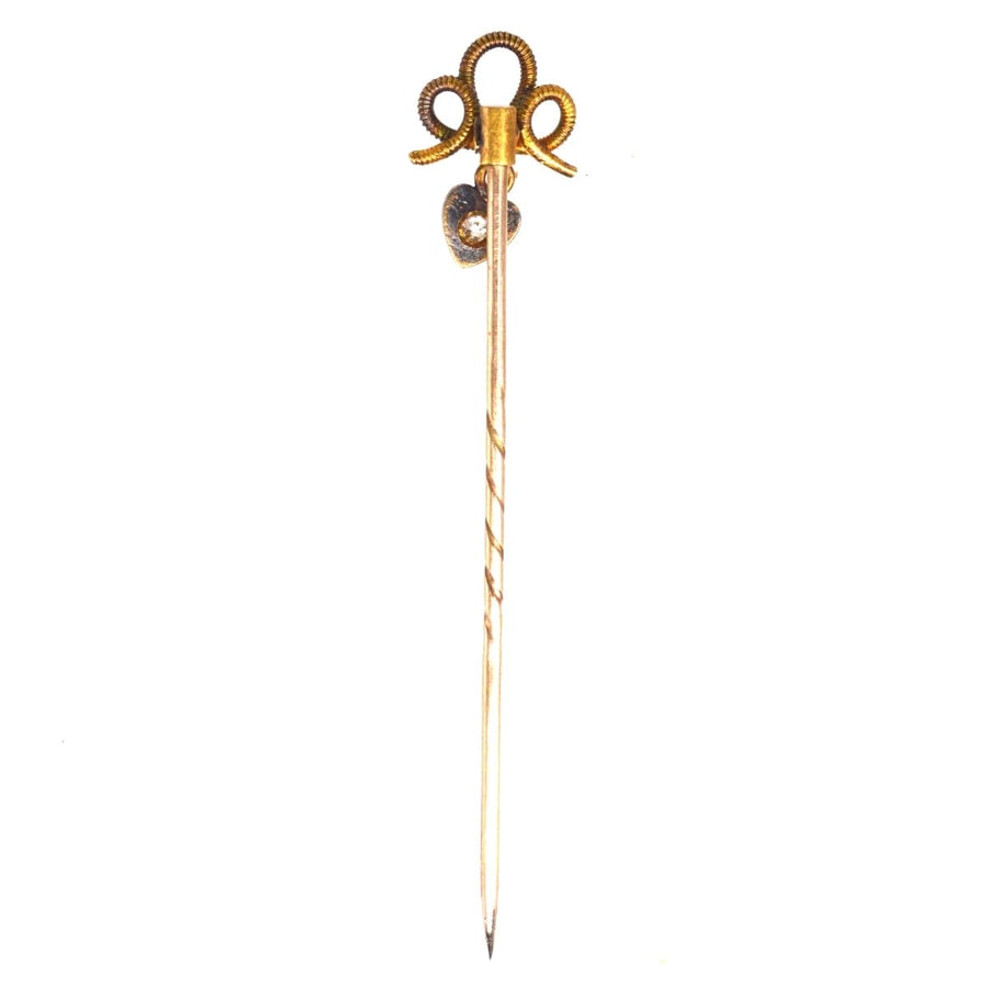 Edwardian 15ct Gold Knot Tie Pin with a Dangling Diamond Heart | Parkin and Gerrish | Antique & Vintage Jewellery