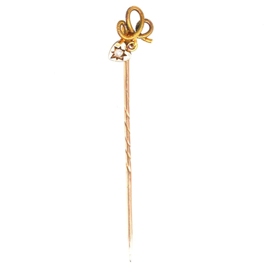 Edwardian 15ct Gold Knot Tie Pin with a Dangling Diamond Heart | Parkin and Gerrish | Antique & Vintage Jewellery