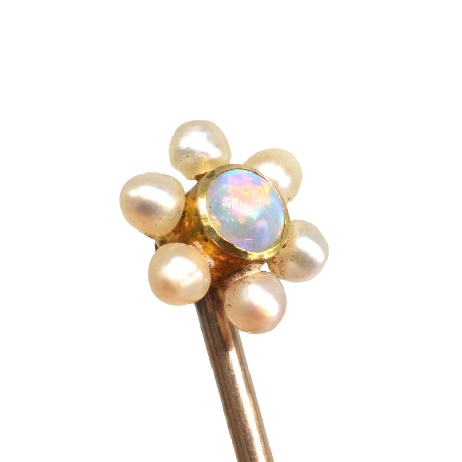 Edwardian 15ct Gold Opal and Pearl Cluster Tie Pin | Parkin and Gerrish | Antique & Vintage Jewellery