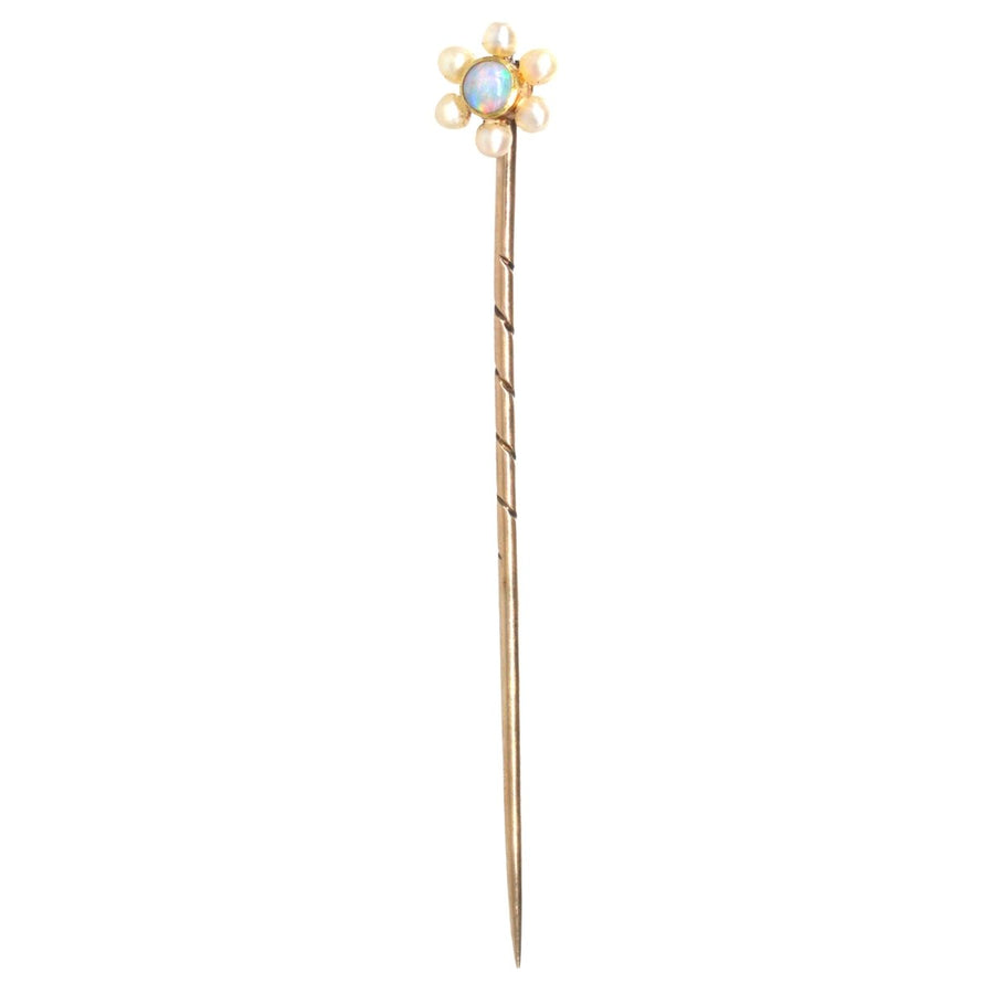 Edwardian 15ct Gold Opal and Pearl Cluster Tie Pin | Parkin and Gerrish | Antique & Vintage Jewellery