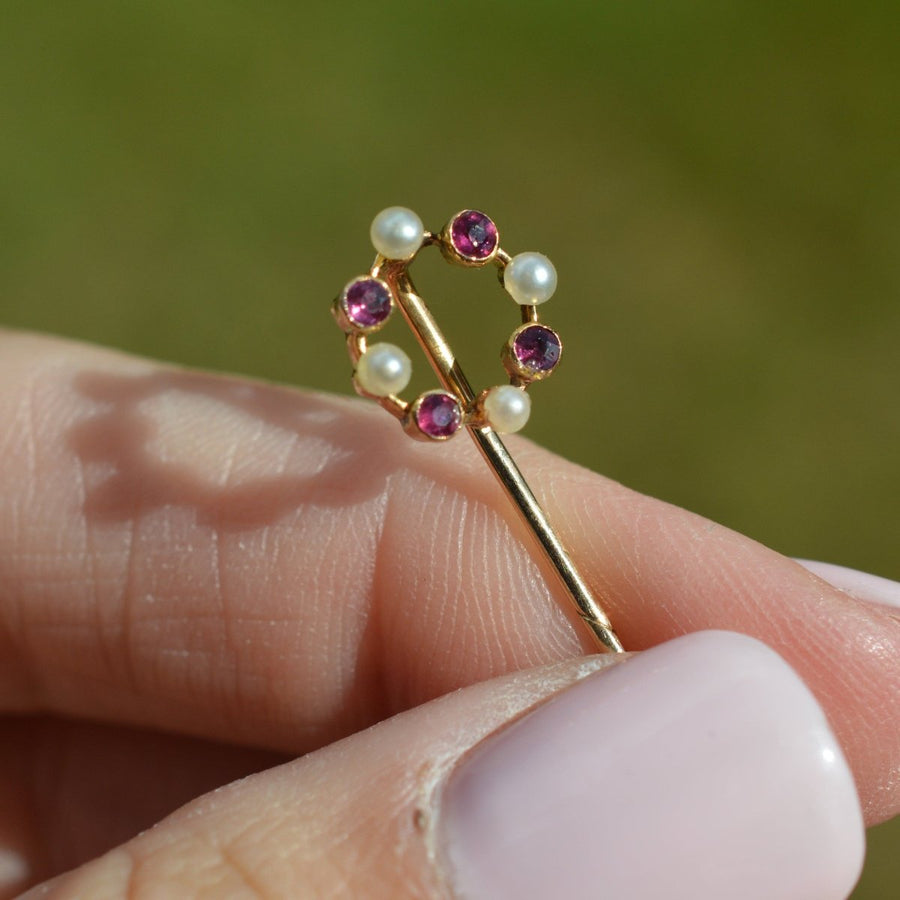 Edwardian 15ct Gold Pearl and Ruby Circular Tie Pin | Parkin and Gerrish (UK)