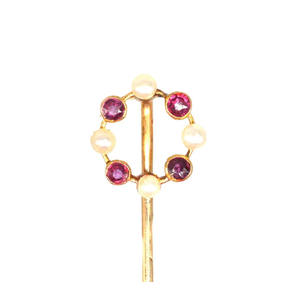 Edwardian 15ct Gold Pearl and Ruby Circular Tie Pin | Parkin and Gerrish (UK)