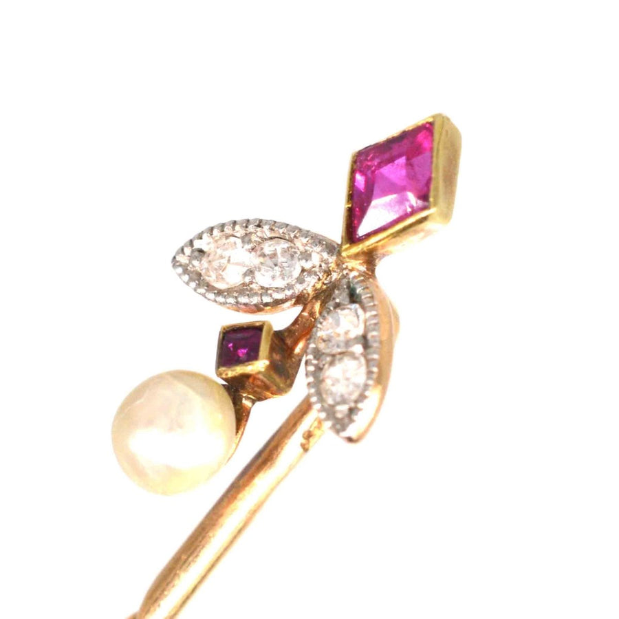 Edwardian 15ct Gold Ruby, Diamond and Natural Pearl Tie Pin | Parkin and Gerrish (UK)