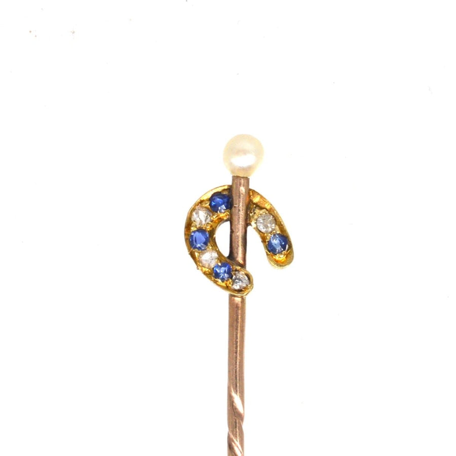 Edwardian 15ct Gold Sapphire and Diamond Horseshoe Tie Pin with a Natural Pearl on Top | Parkin and Gerrish | Antique & Vintage Jewellery