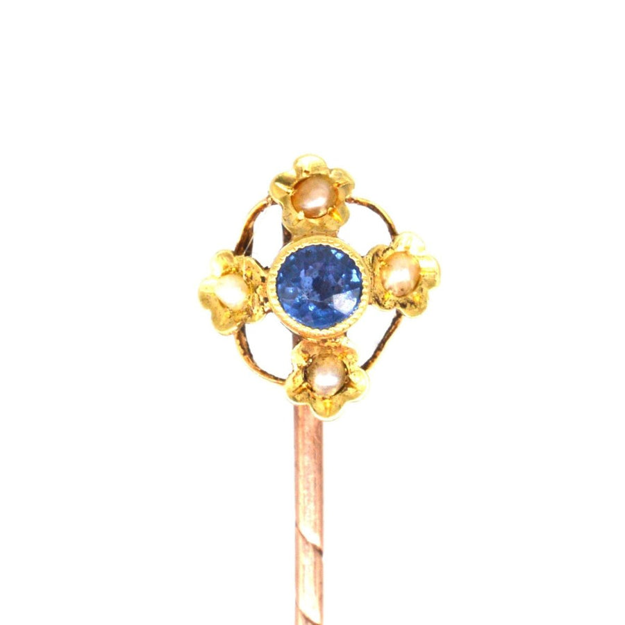 Edwardian 15ct Gold Sapphire and Pearl Tie Pin | Parkin and Gerrish | Antique & Vintage Jewellery