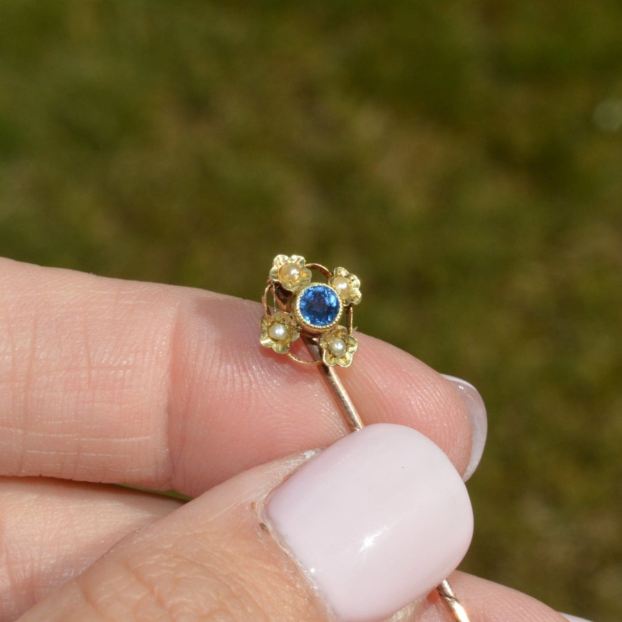 Edwardian 15ct Gold Sapphire and Pearl Tie Pin | Parkin and Gerrish | Antique & Vintage Jewellery