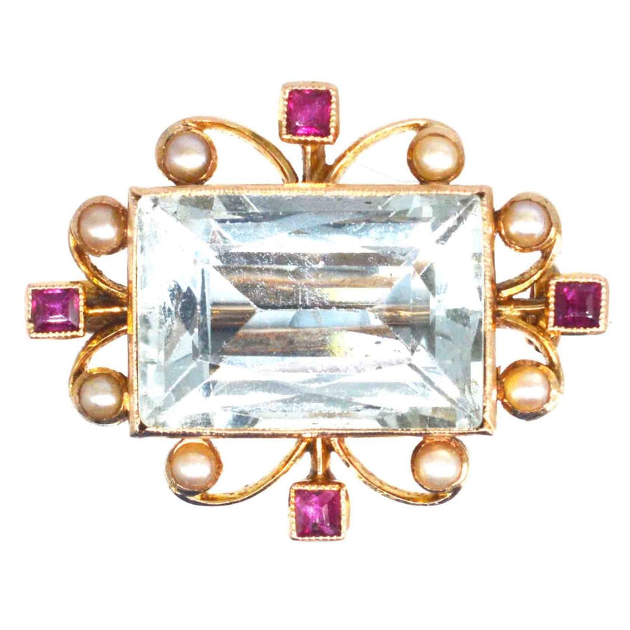 Edwardian 18ct Gold Aquamarine, Ruby and Pearl Brooch | Parkin and Gerrish | Antique & Vintage Jewellery