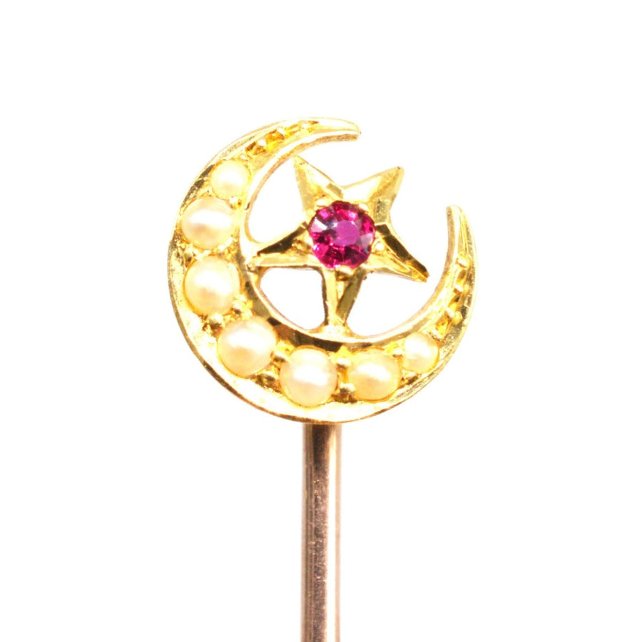 Edwardian 18ct Gold Crescent Moon and Star Tie Pin | Parkin and Gerrish | Antique & Vintage Jewellery