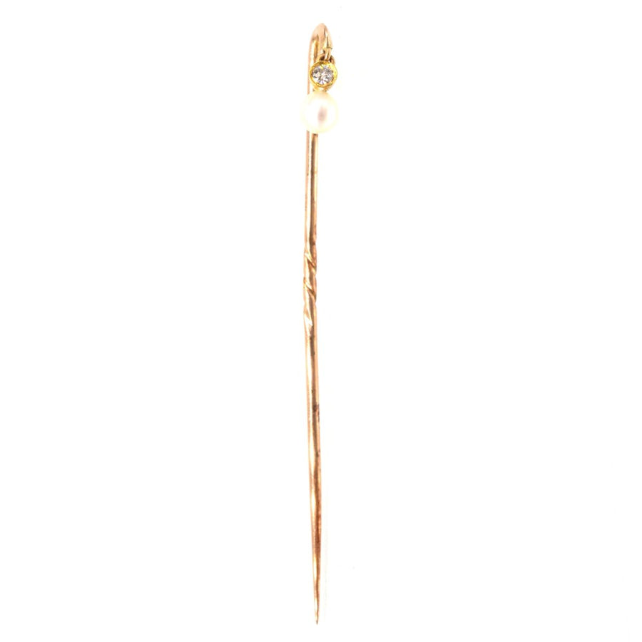 Edwardian 18ct Gold Dangling Diamond and Pearl Tie Pin | Parkin and Gerrish | Antique & Vintage Jewellery