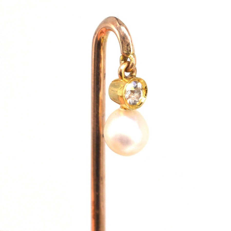 Edwardian 18ct Gold Dangling Diamond and Pearl Tie Pin | Parkin and Gerrish | Antique & Vintage Jewellery
