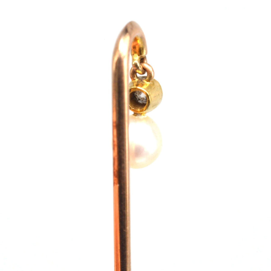 Edwardian 18ct Gold Dangling Diamond and Pearl Tie Pin | Parkin and Gerrish | Antique & Vintage Jewellery