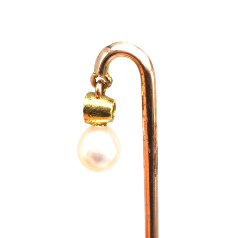 Edwardian 18ct Gold Dangling Diamond and Pearl Tie Pin | Parkin and Gerrish | Antique & Vintage Jewellery