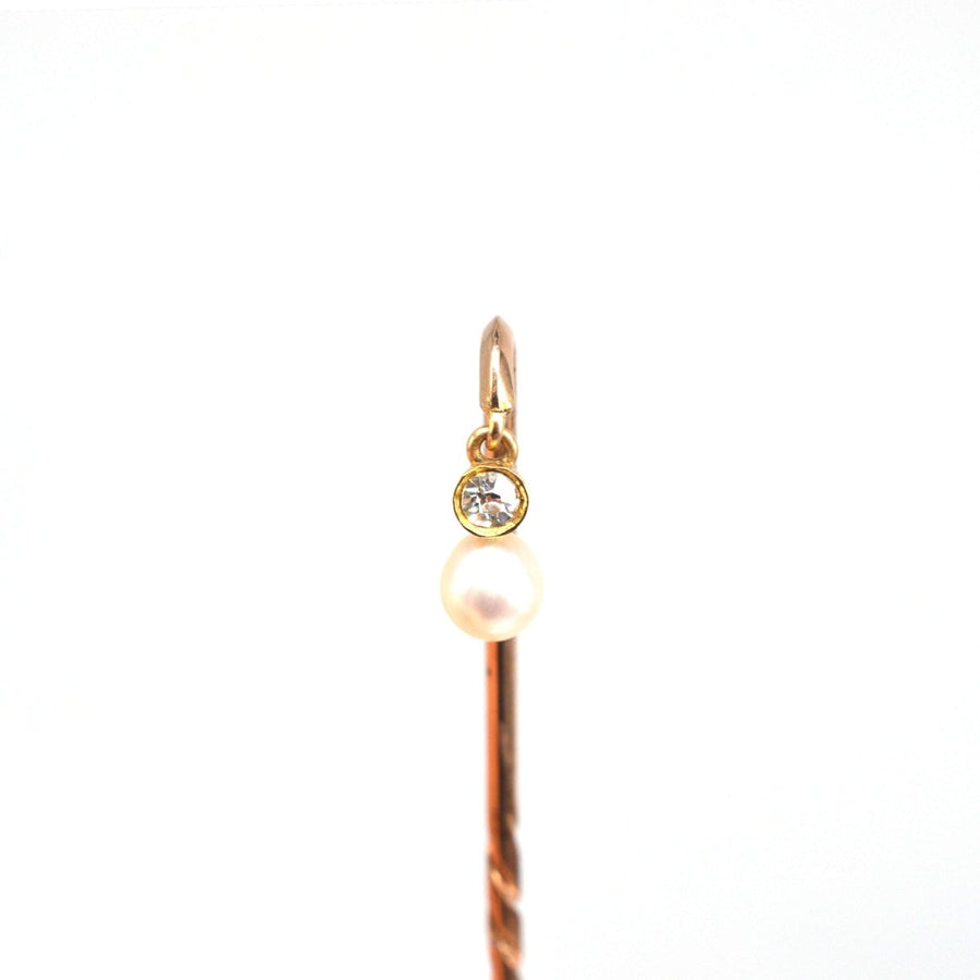 Edwardian 18ct Gold Dangling Diamond and Pearl Tie Pin | Parkin and Gerrish | Antique & Vintage Jewellery