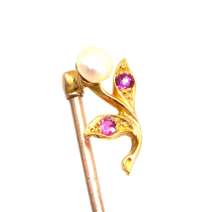 Edwardian 18ct Gold Ruby and Pearl Flower Tie Pin | Parkin and Gerrish | Antique & Vintage Jewellery