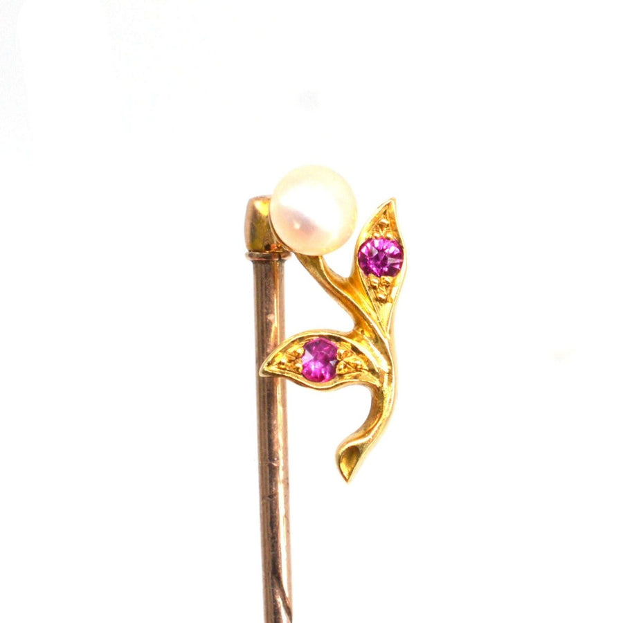 Edwardian 18ct Gold Ruby and Pearl Flower Tie Pin | Parkin and Gerrish | Antique & Vintage Jewellery