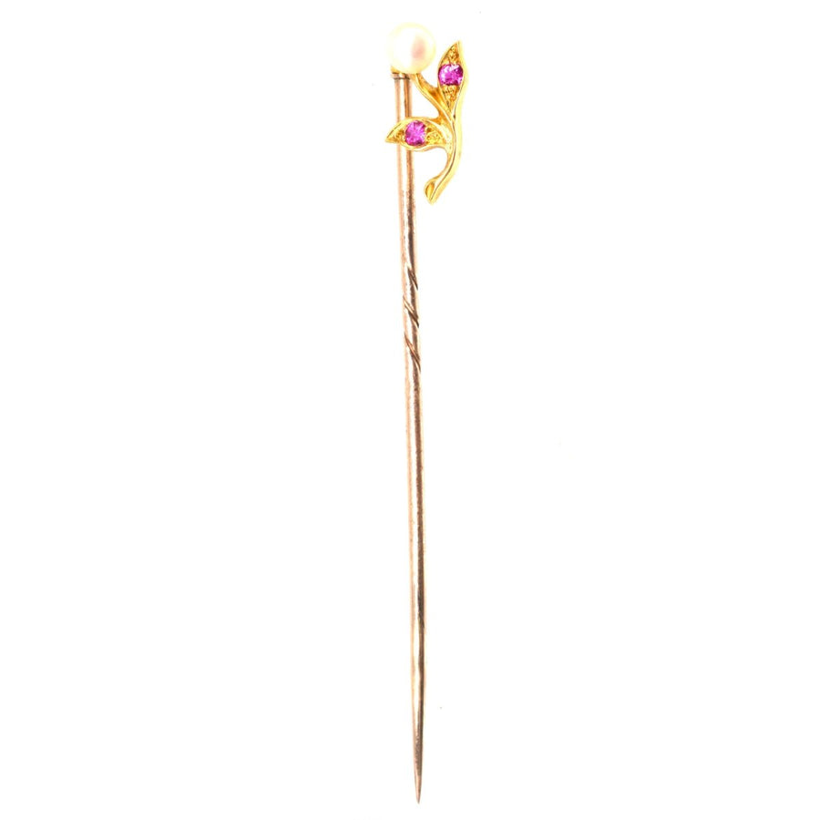 Edwardian 18ct Gold Ruby and Pearl Flower Tie Pin | Parkin and Gerrish | Antique & Vintage Jewellery