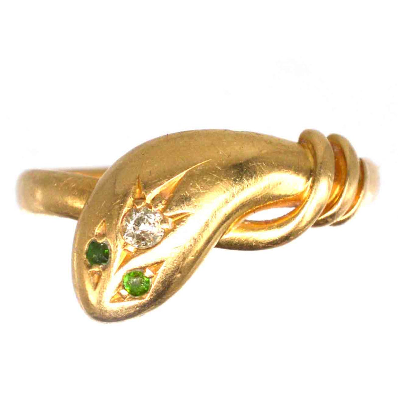 Bague serpent simple édouardienne en or 18 carats avec un diamant et des yeux en grenat vert