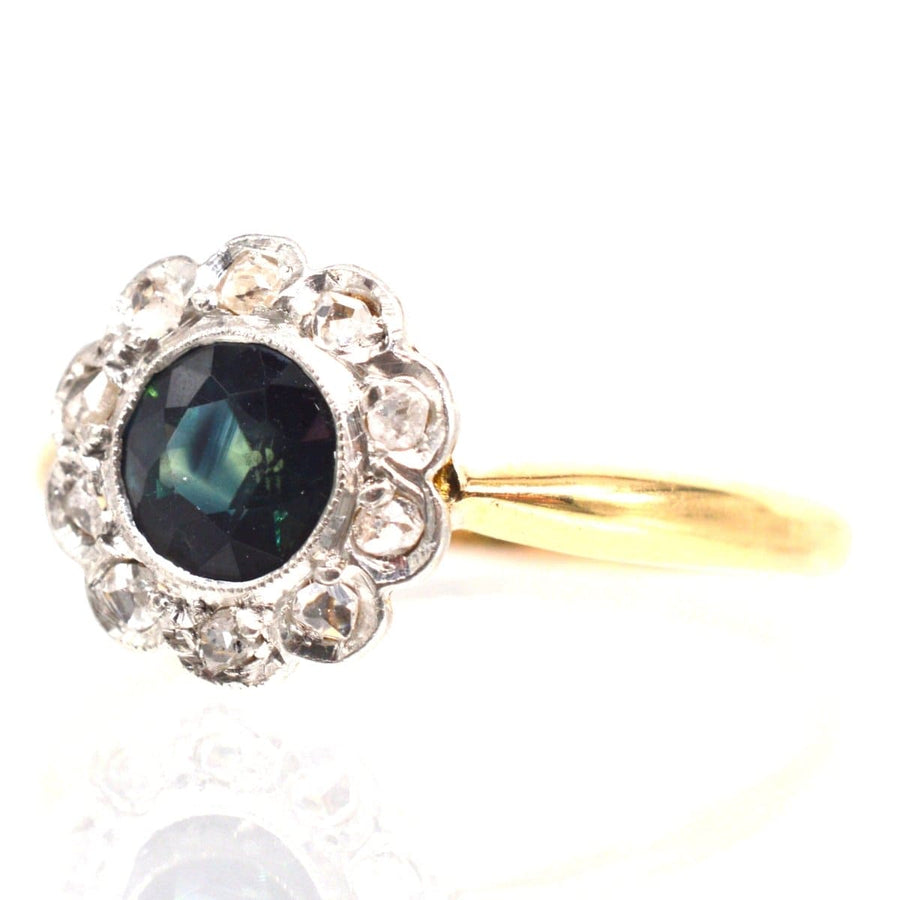 Edwardian 18ct Gold Teal Sapphire and Diamond Cluster Ring | Parkin and Gerrish | Antique & Vintage Jewellery