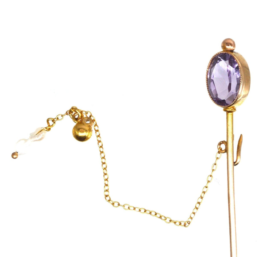 Edwardian 9ct Gold Amethyst Tie Pin with Freshwater Pearls | Parkin and Gerrish | Antique & Vintage Jewellery