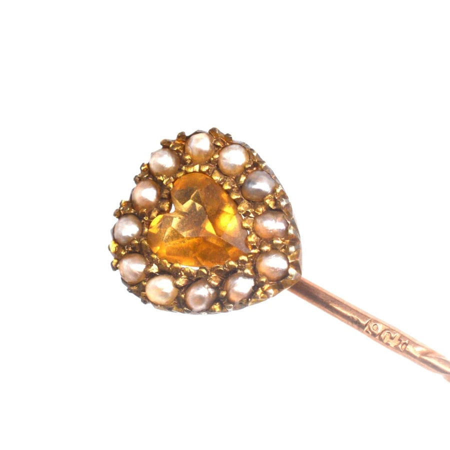 Edwardian 9ct Gold, Citrine and Seed Pearl Heart Tie Pin | Parkin and Gerrish | Antique & Vintage Jewellery