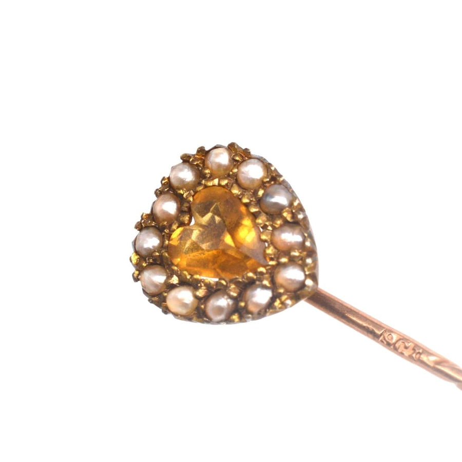 Edwardian 9ct Gold, Citrine and Seed Pearl Heart Tie Pin | Parkin and Gerrish | Antique & Vintage Jewellery