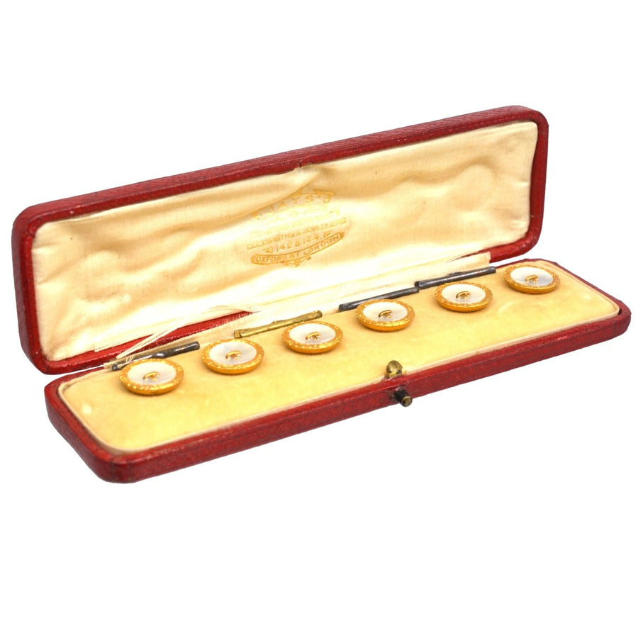 Edwardian 9ct Gold Mother of Pearl Dress Stud Buttons in Original Case | Parkin and Gerrish (UK)