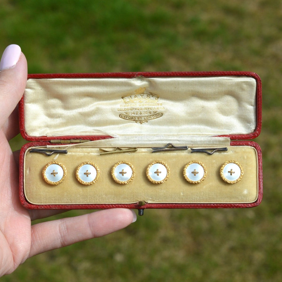 Edwardian 9ct Gold Mother of Pearl Dress Stud Buttons in Original Case | Parkin and Gerrish (UK)